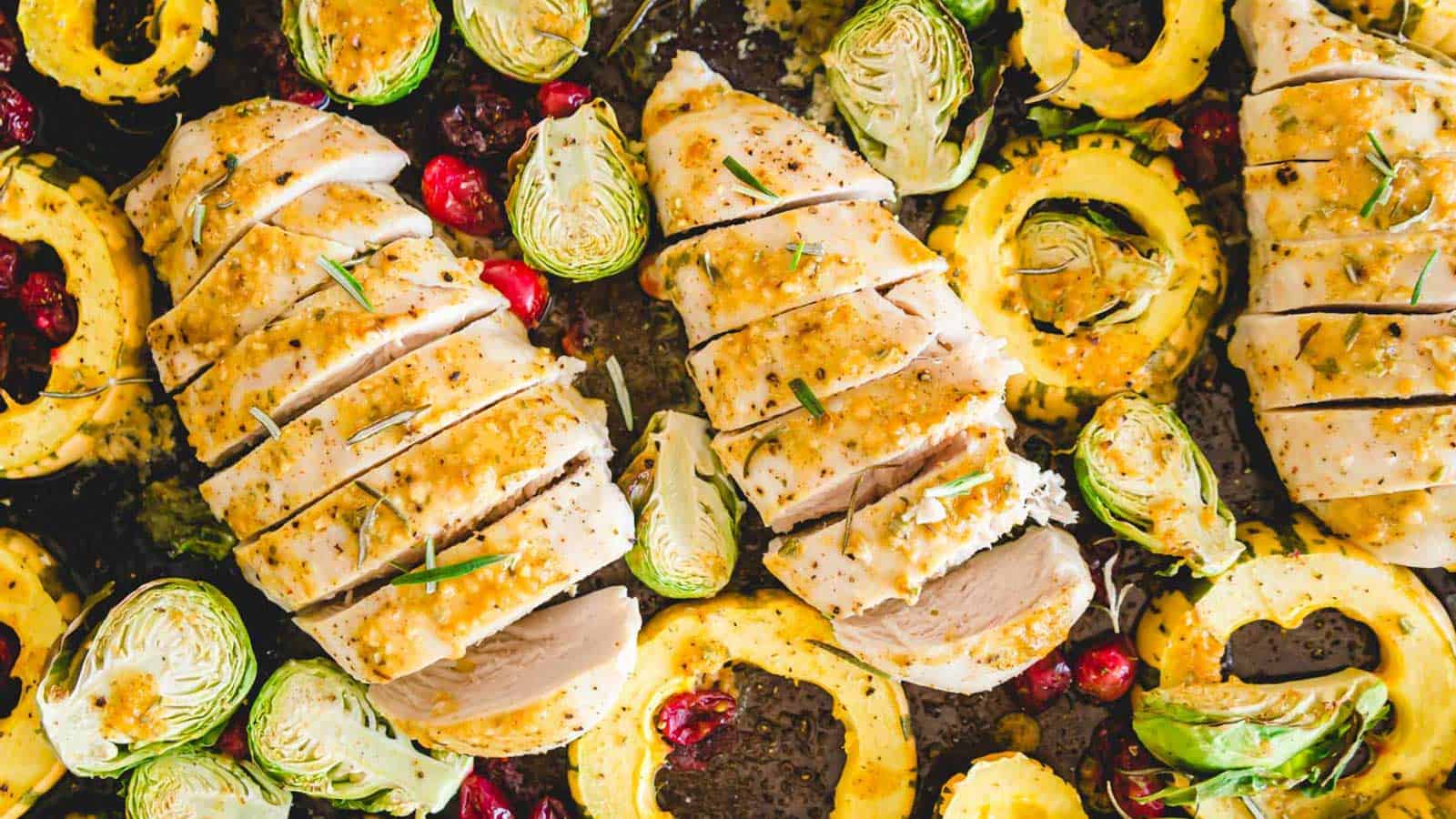 Maple mustard chicken breasts with brussels sprouts, squash and cranberries.