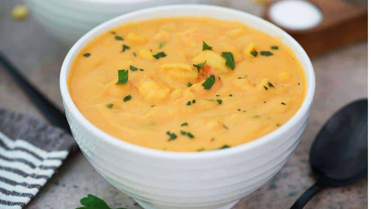Shrimp and Corn Bisque in a serving bowl.