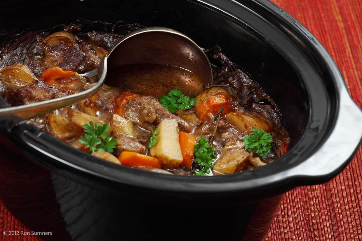 Beef stew in a slow cooker.