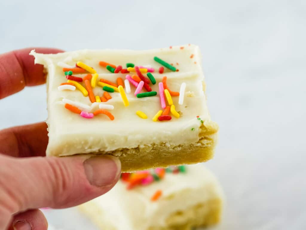 Sugar Cookie Bars with colorful sprinkles.