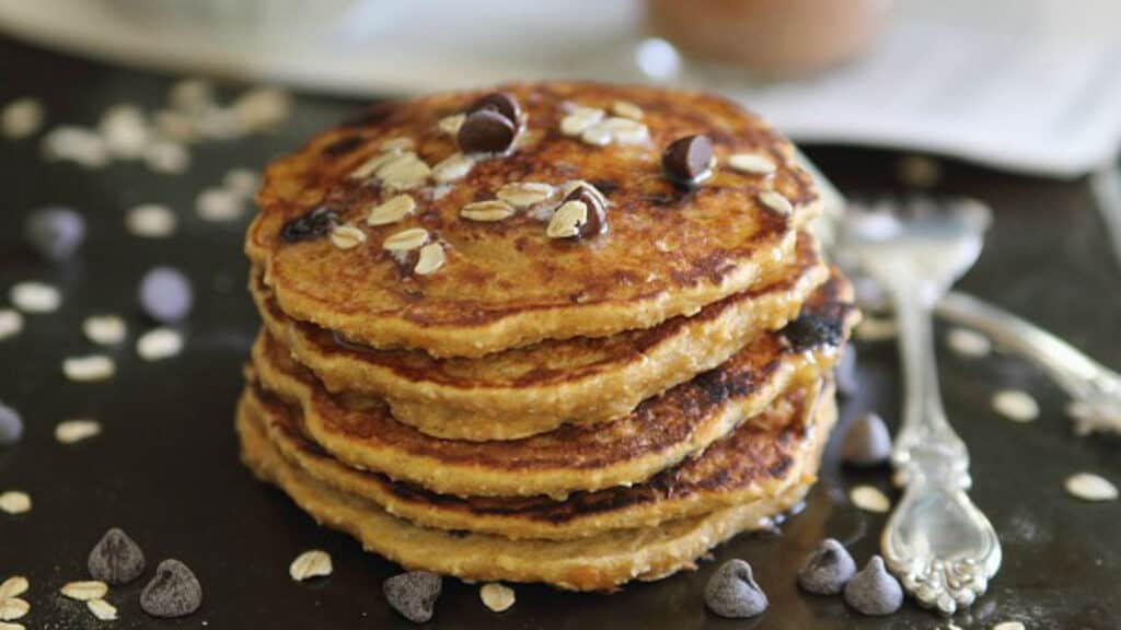 Stack of sweet potato chocolate chip pancakes 