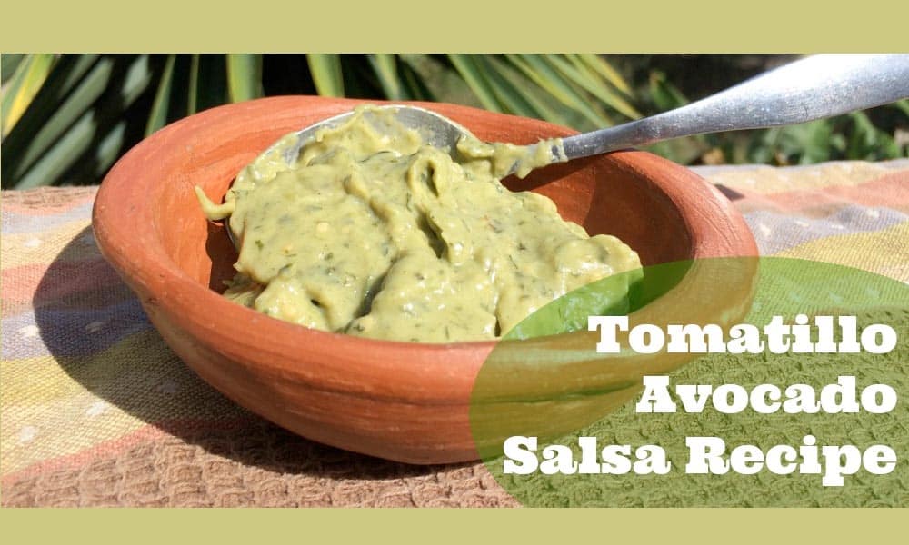 tomatillo avocado salsa recipe in a red ceramic dish.