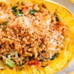 Twice baked spaghetti squash with breadcrumb topping.