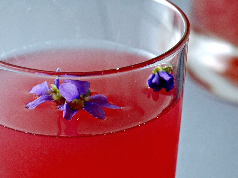 A clear glass filled with a dark pink liquid garnished with small purple flowers.