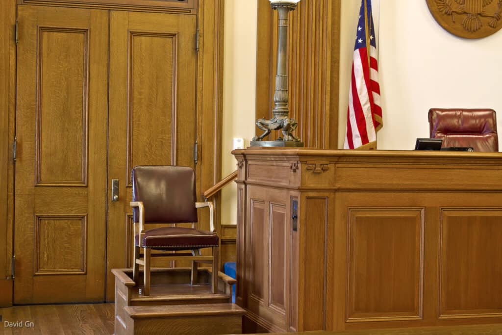Witness stand in a courtroom.