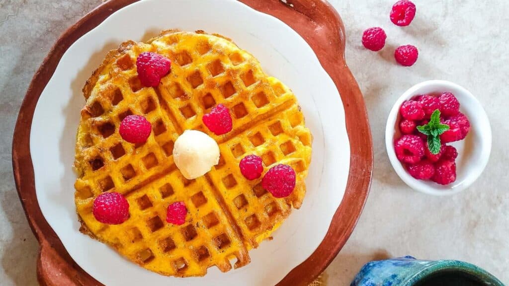 2-Ingredient Flourless Waffles with raspberries
