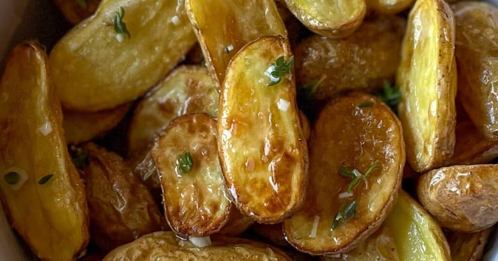 Closeup of fingerling potatoes roasted in air fryer coated in olive oil, lemon juice, garlic, and thyme dressing.