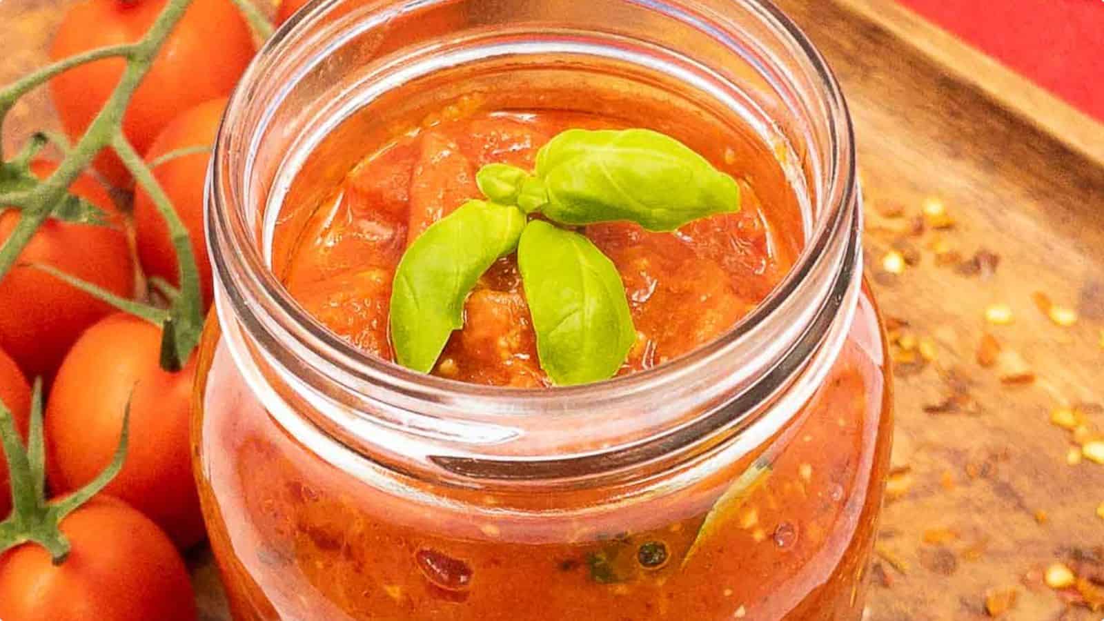 Arrabiata sauce in an open jar wit fresh basil on top and tomatoes and chili flakes around it.