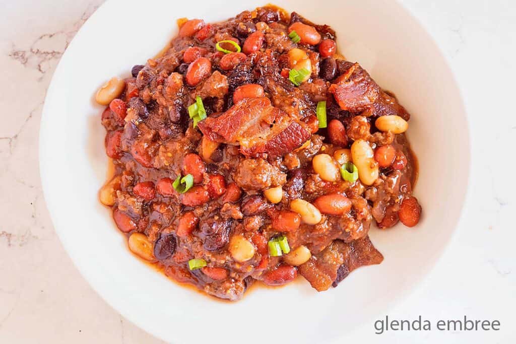 Best Baked Bean Casserole (Cowboy Beans) on a white plate.