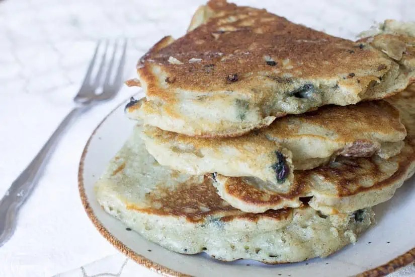 Stack of blueberry sourdough discard pancakes