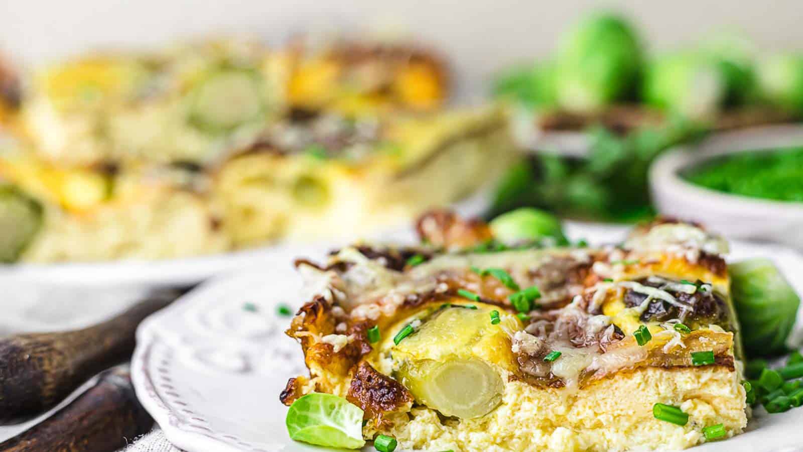 Brussel Sprouts Casserole piece on a white plate.