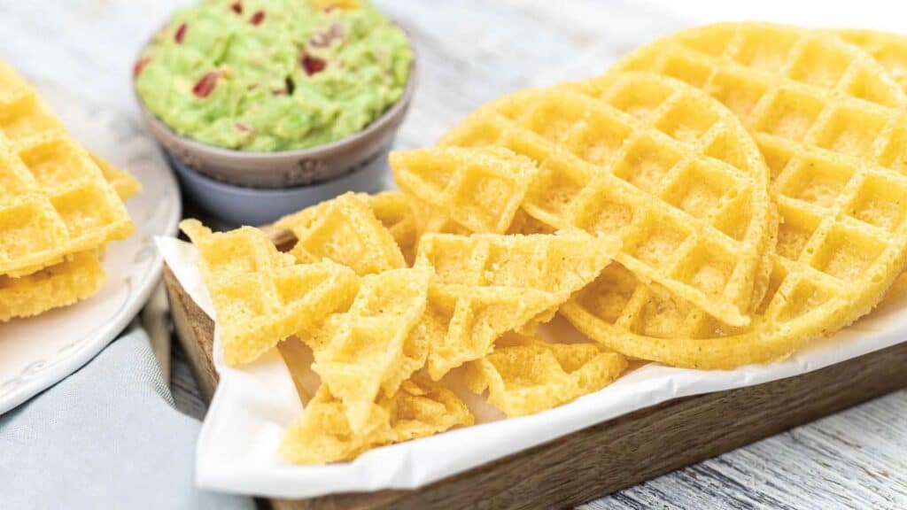 Crispy Chaffle Chips inside wooden box with guacamole behind.