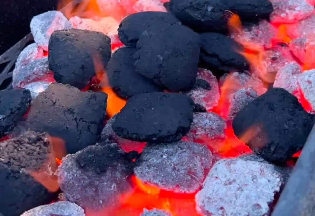 charcoal briquets burning.