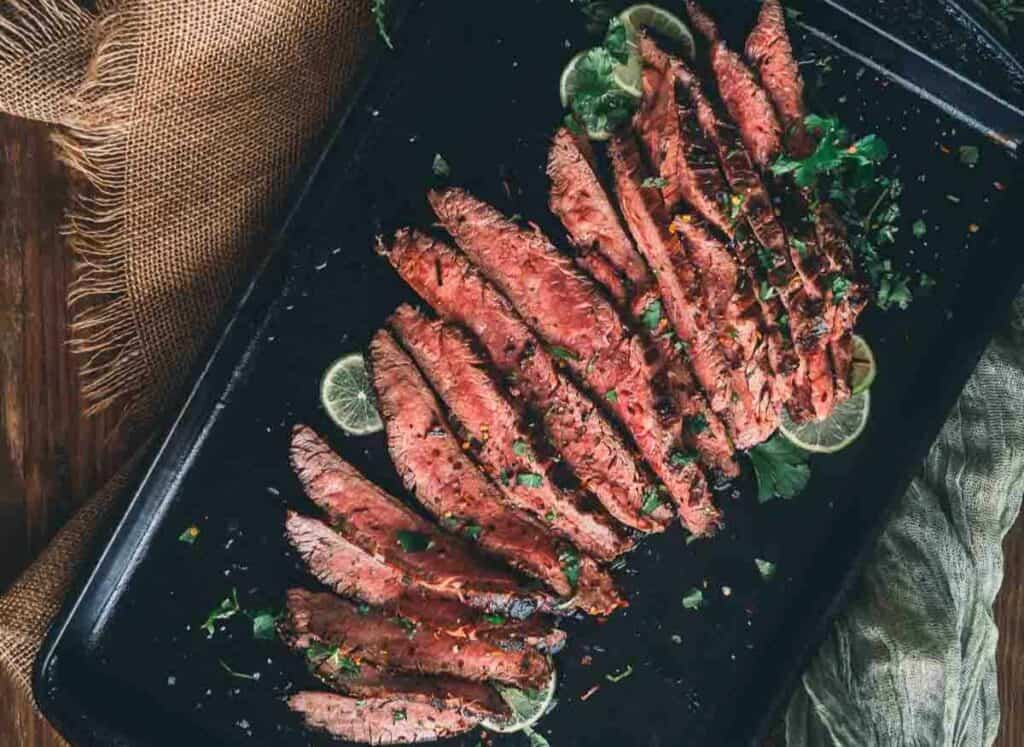 Steak sliced for serving.