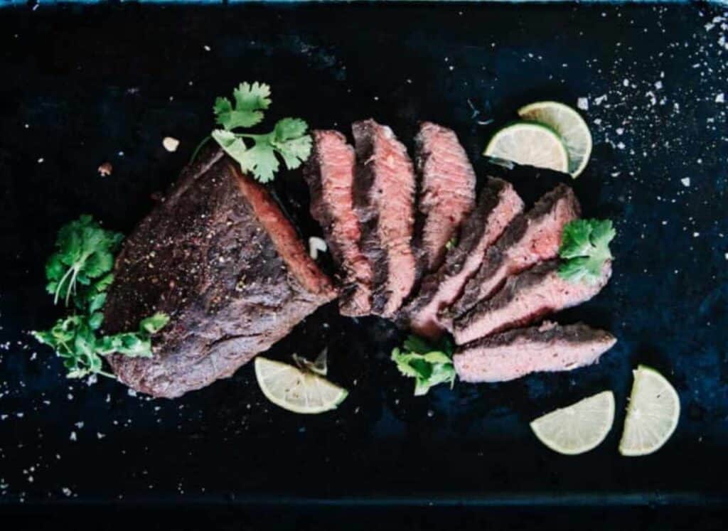 Grilled flat iron steak sliced.