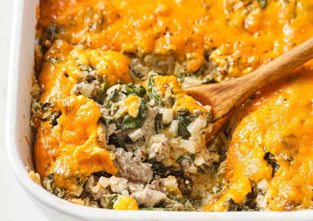 Cheesy beef casserole in a dish.