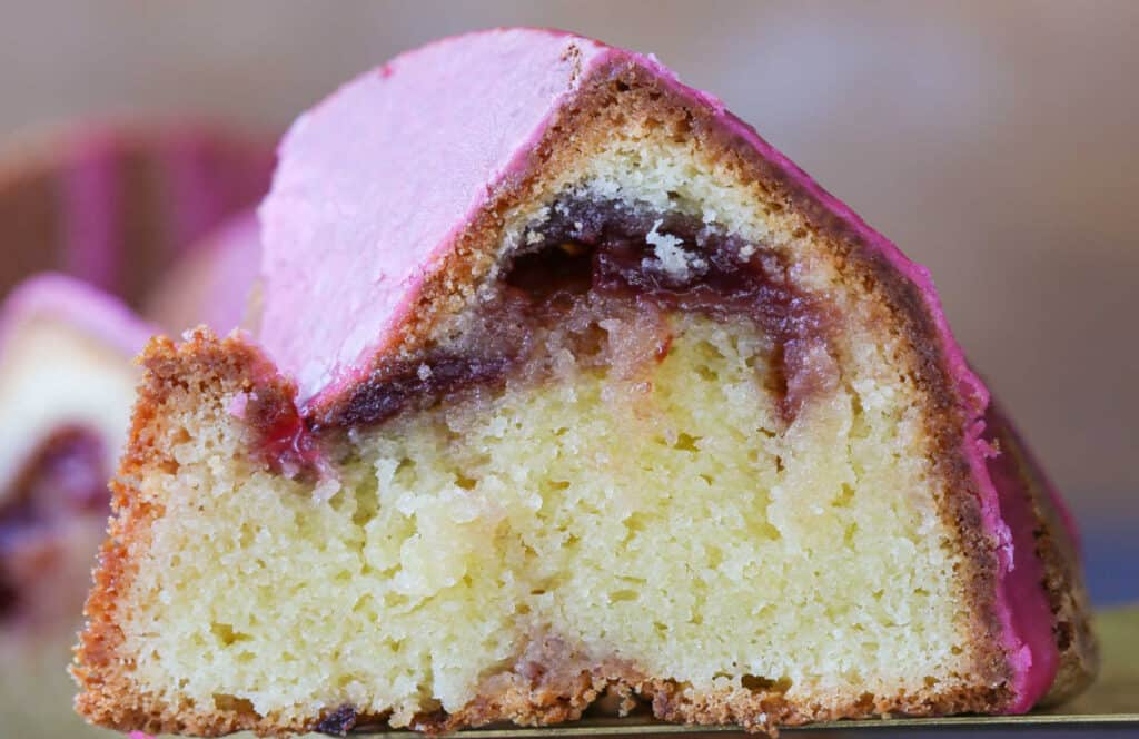 Cherry pound cake with pink frosting.