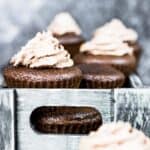 Keto Chocolate Cupcakes inside wooden box.