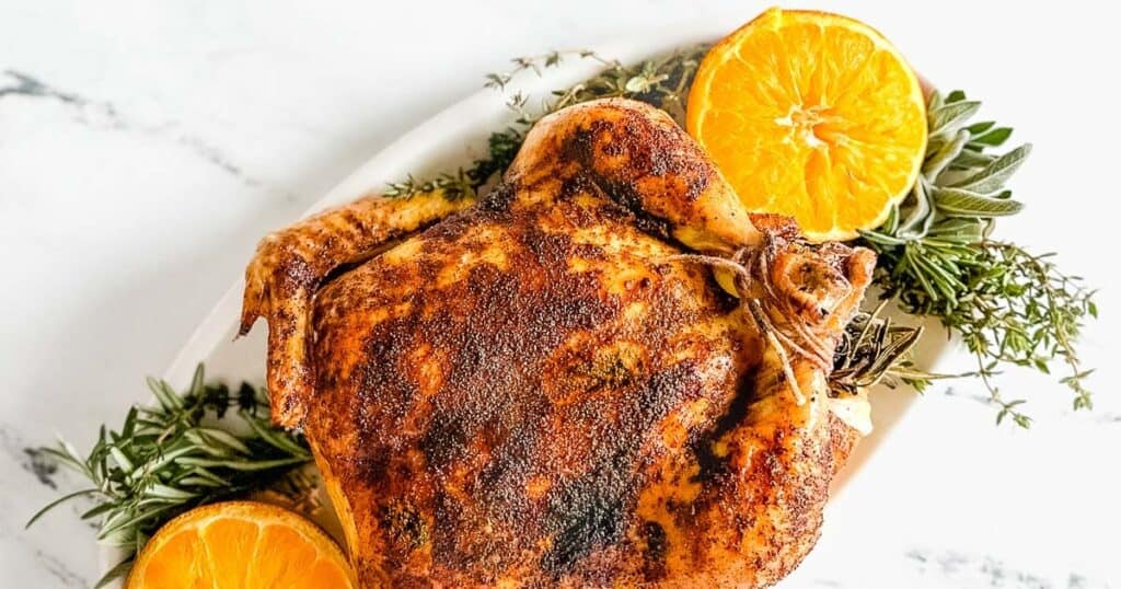 Overhead shot of roast chicken surrounded by rosemary, thyme, sage, and orange halves on a white serving tray.