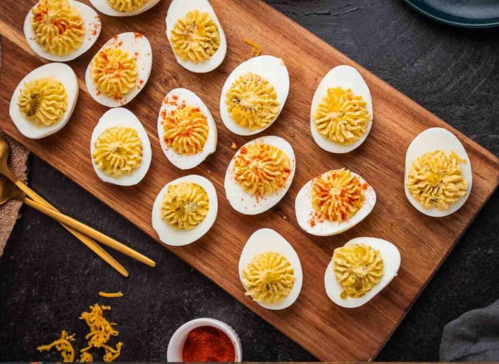 Deviled eggs on a serving platter.