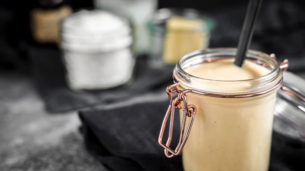 Sugar Free Condensed Milk in a glass jar.