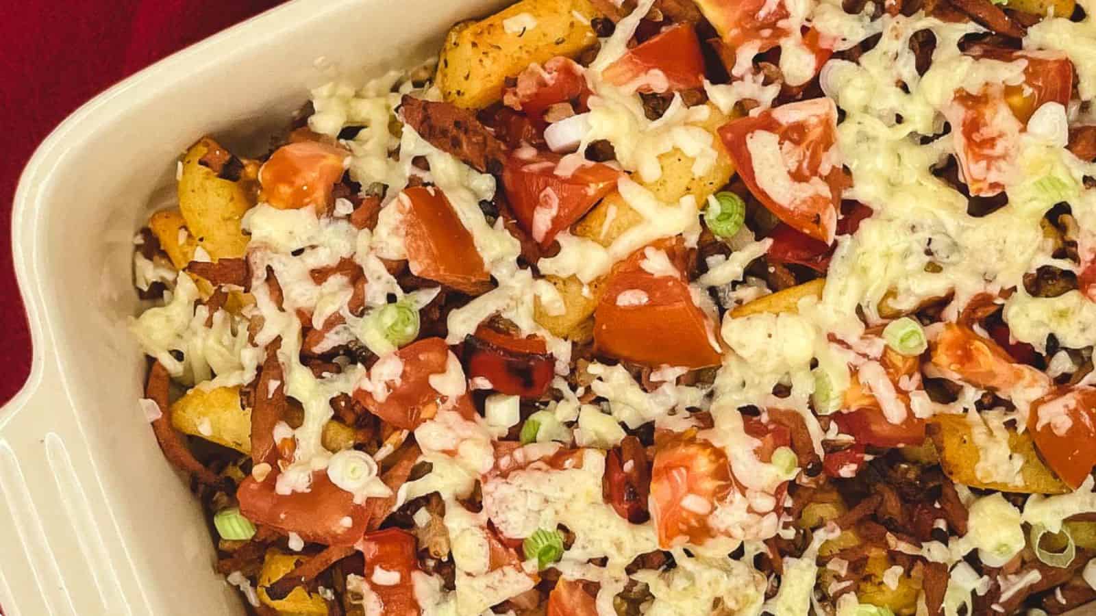 Dirty fries in an ovenproof dish.