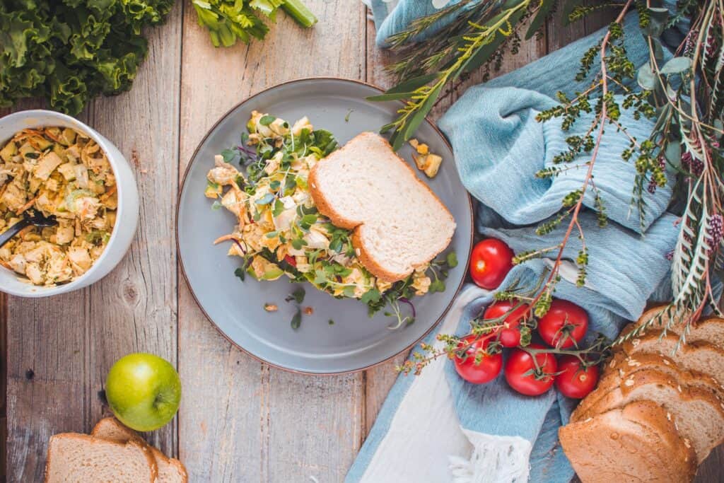 Overhead shot of chicken salad sandwich.