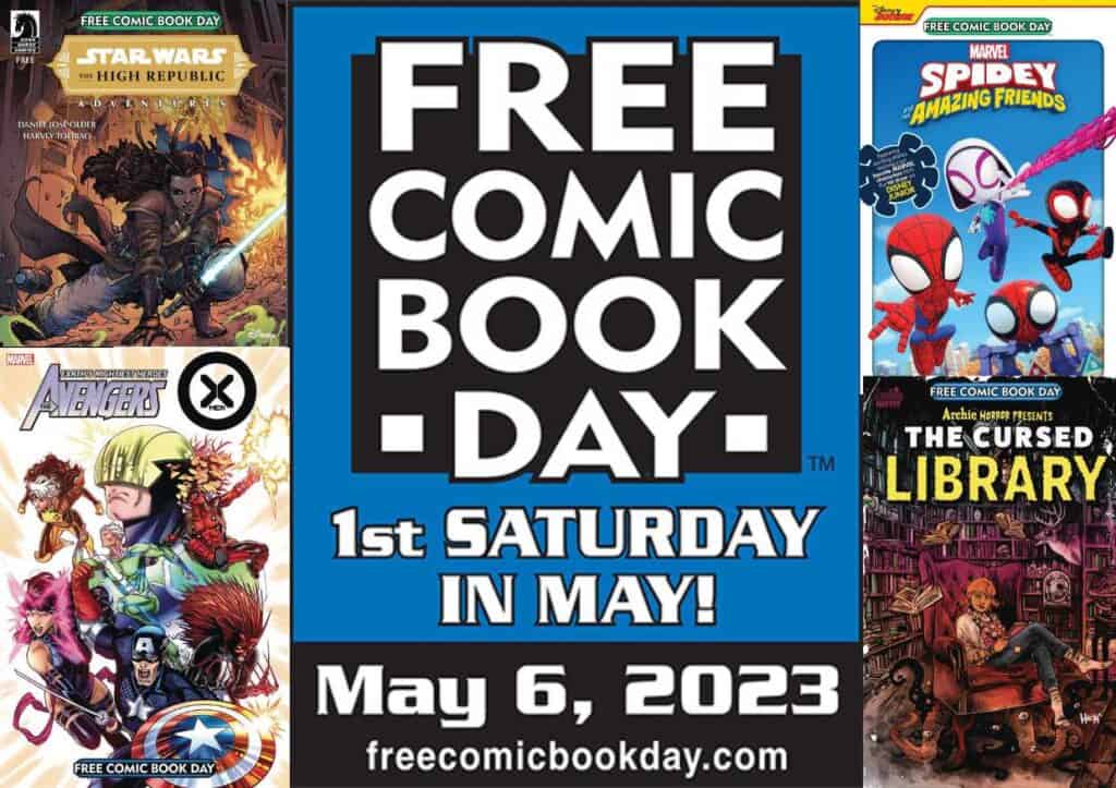Free comic book day logo with covers of 4 titles given out on the first Saturday in May.