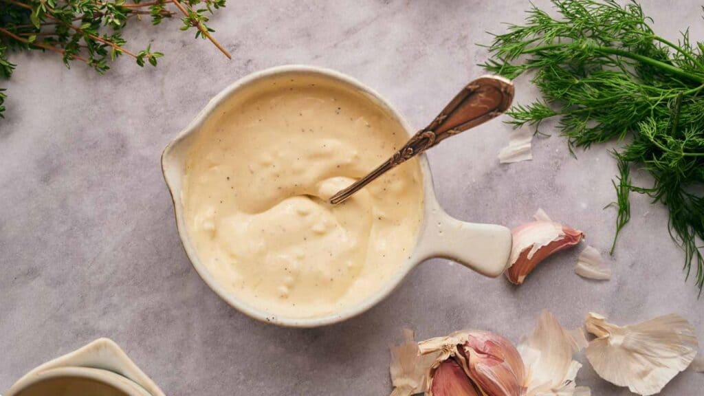 Garlic aioli in a mixing bowl with a spoon in it, garlic cloves, and dill around it.