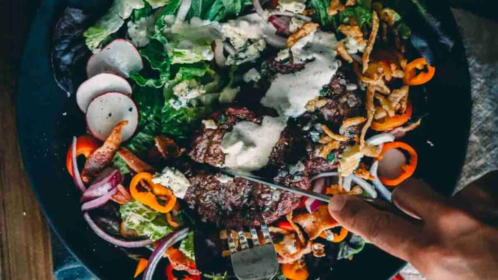 Steakhouse Hamburger Salad with Keto Blue Cheese Dressing.