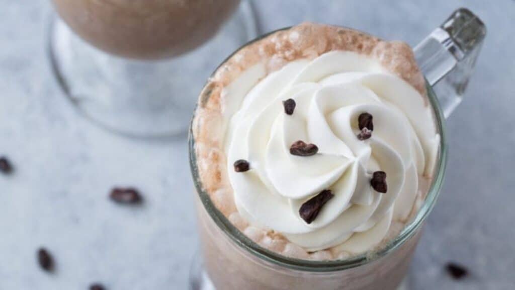 Close up of a Healthy Java Chip Frappuccino in a clear glass.