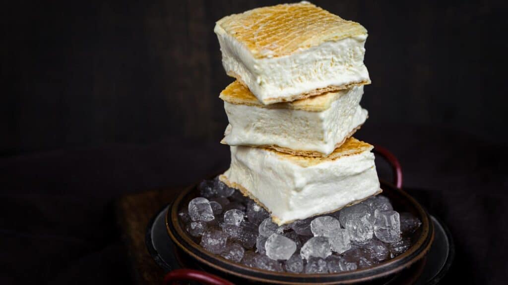 Sugar-Free Ice Cream Sandwich layered on top of ech other on ice. 
