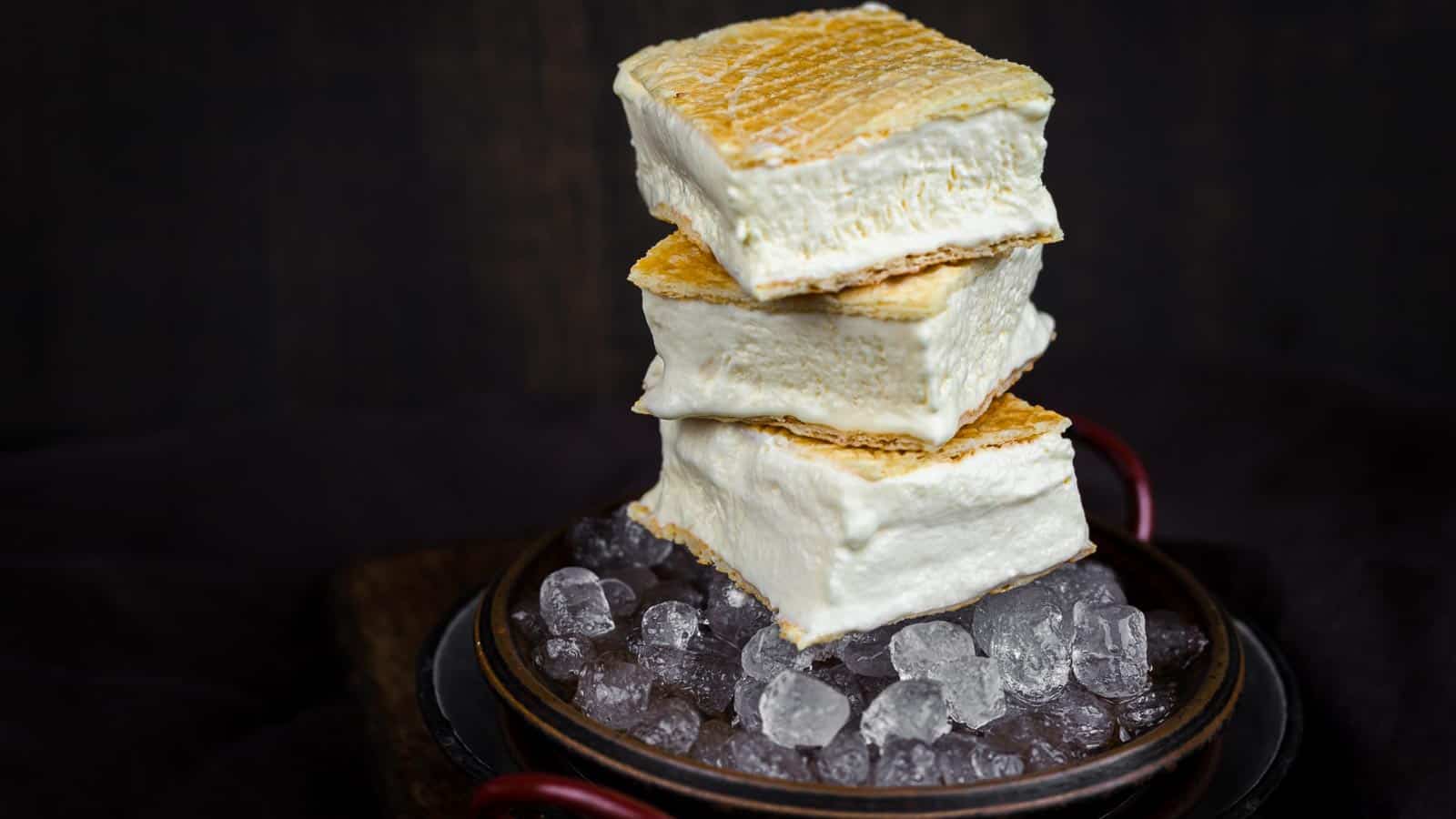 Sugar-Free Ice Cream Sandwich layered on top of ech other on ice. 