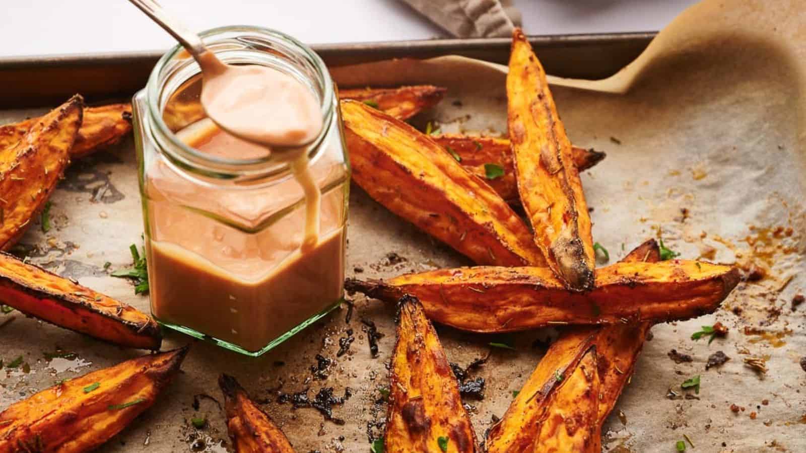 Maple ketchup in a jar with a spoon about to drizzle it on sweet potato wedges.