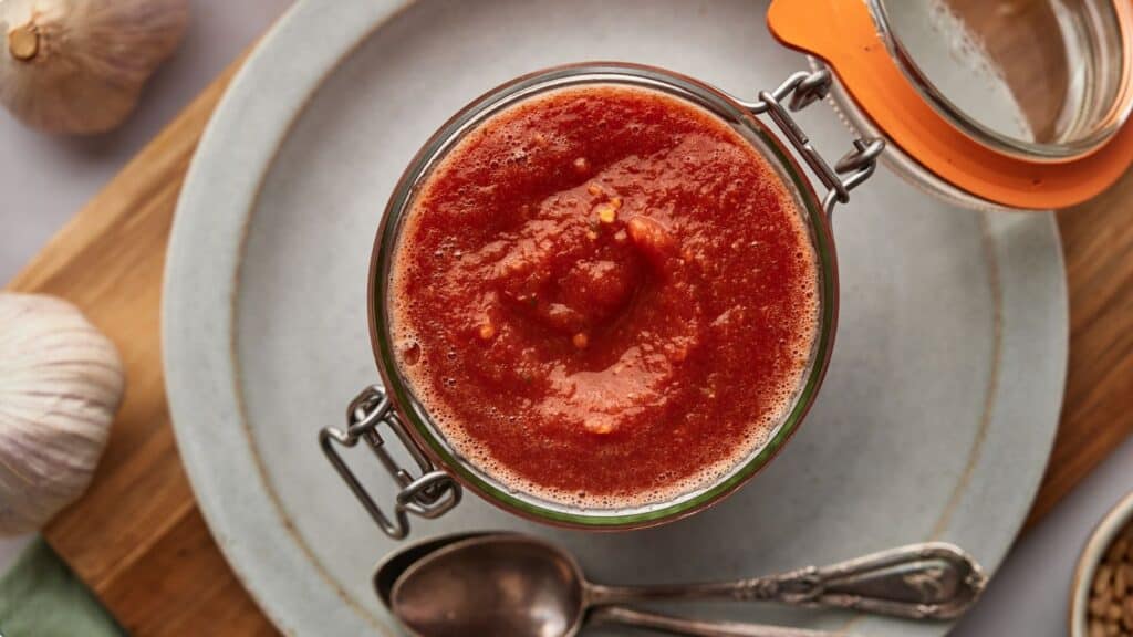 A jar of marinara sauce and a couple of spoons by it.