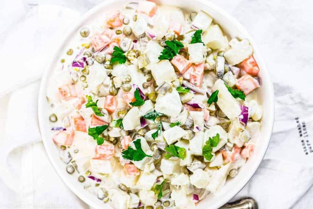 Faux Potato Salad in large white bowl.