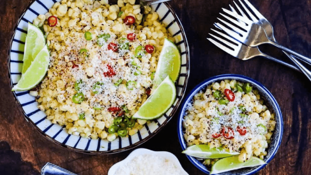 Overhead shot of two bowls of Mexican corn salad with lime wedges and forks on the side.