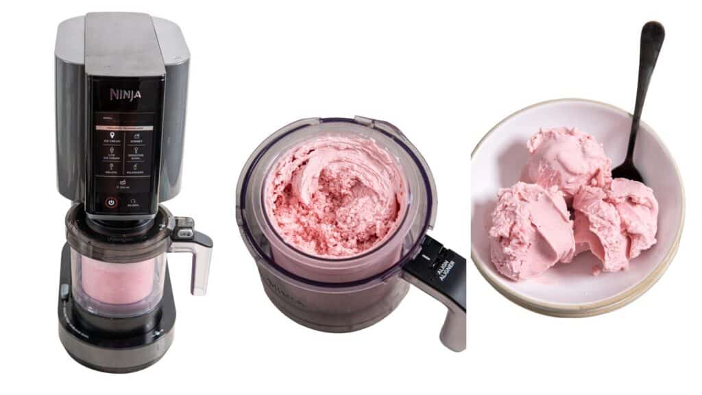 Ninja CREAMi ice cream maker collage with strawberry ice cream