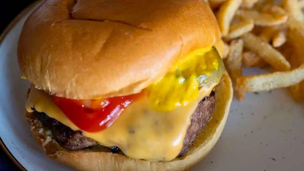 closeup of cheeseburger.