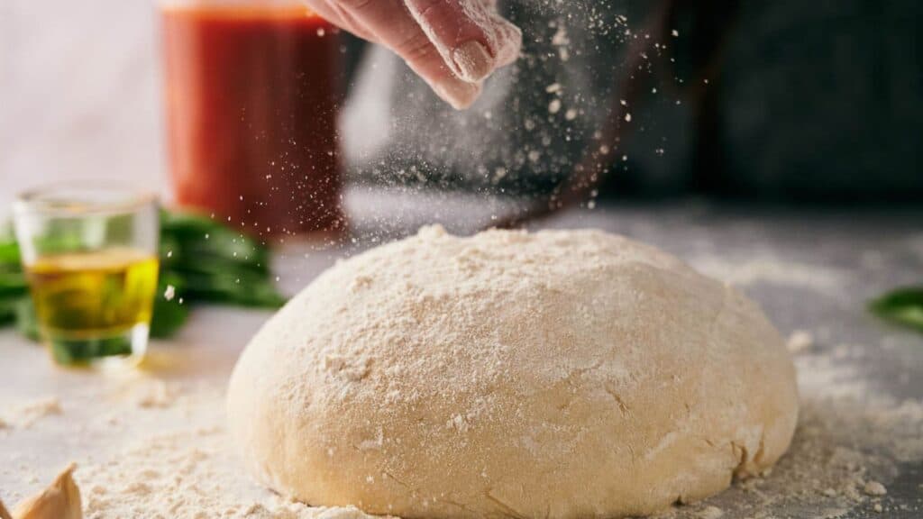 Someone sprinkling flour over pizza dough.