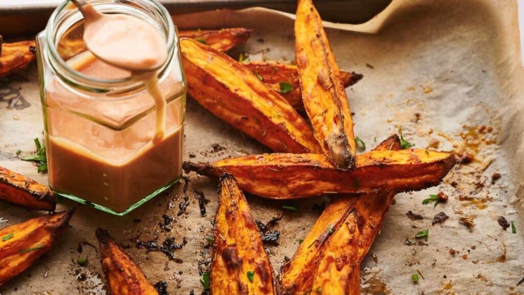 Cooked sweet potato wedges on a baking sheet with a jar of dipping sauce.