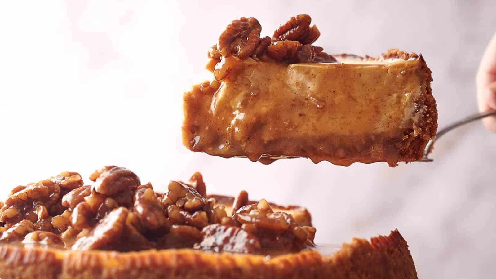 A slice of pecan pie being served on a cake slice.