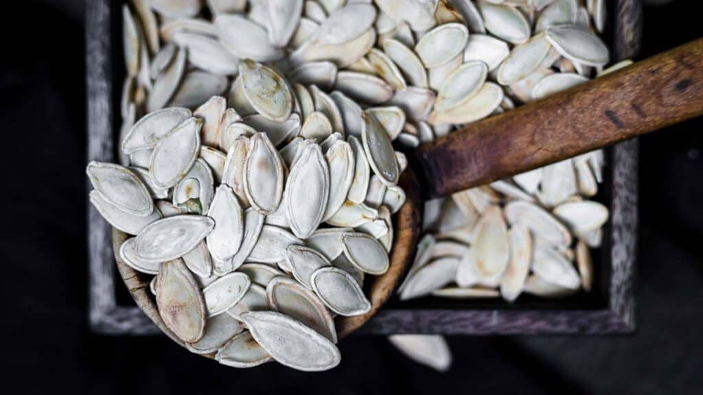 Oven Baked Pumpkin Seeds or Roasted Pepitas on a wooden spoon.
