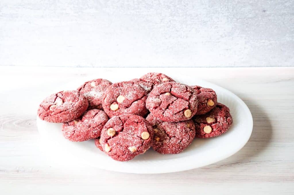 Red Velvet Cake Mix Cookies on a white plate.