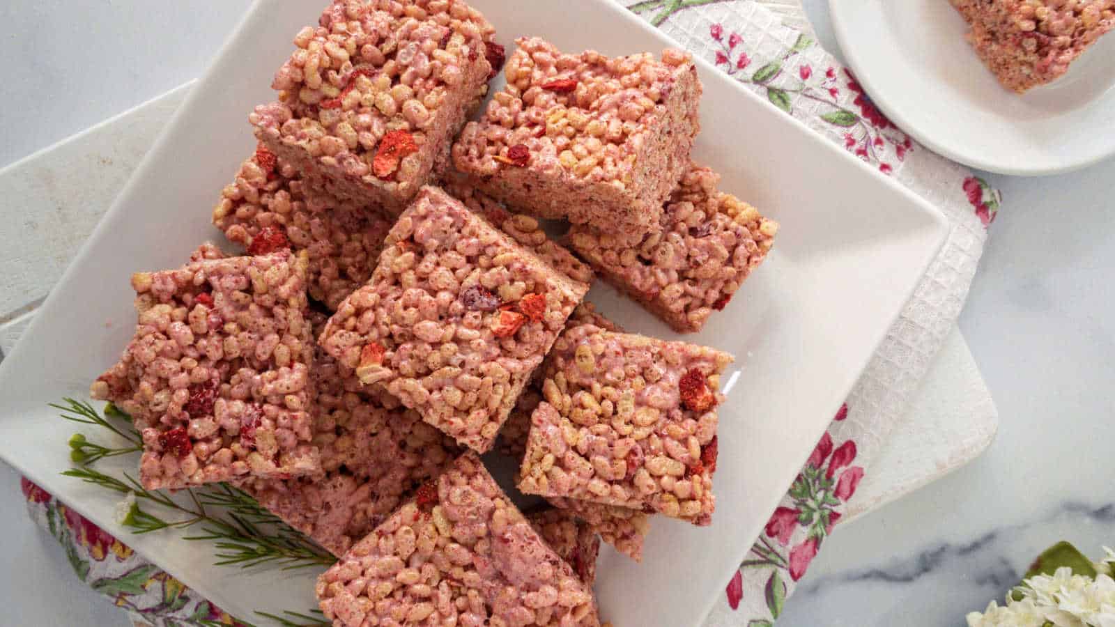 Strawberry rice krispies on a white plate and a white towel.