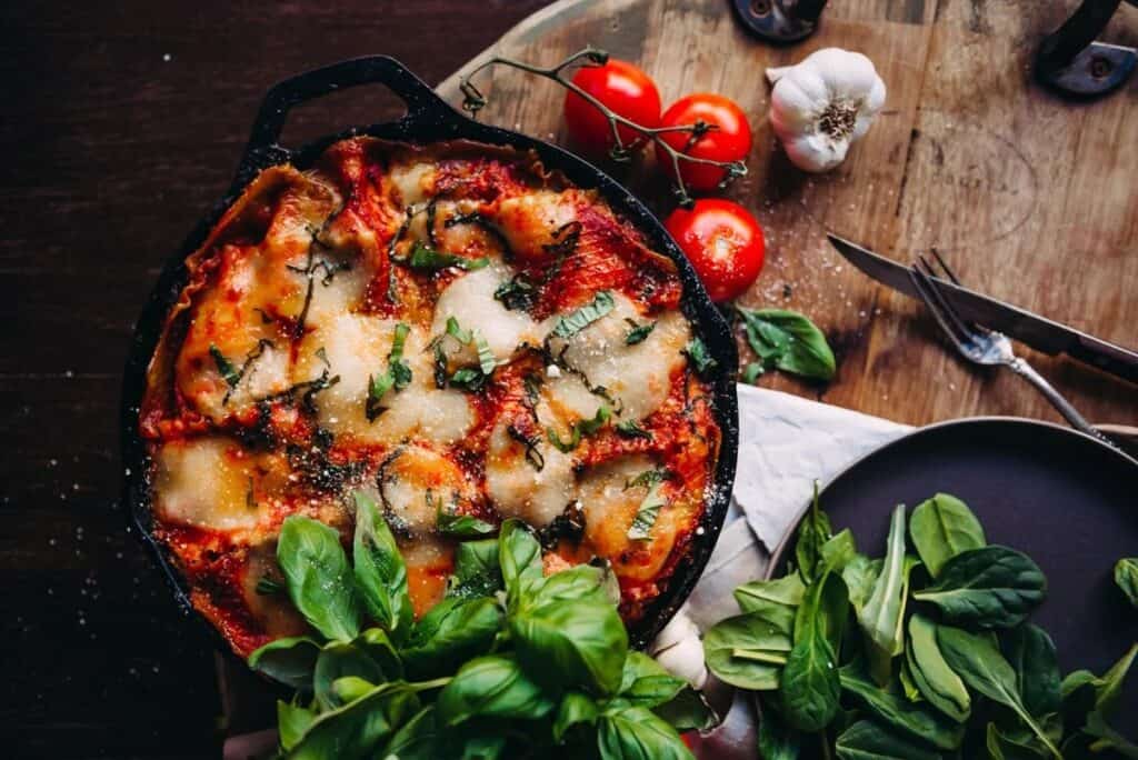 Skillet Lasagna with fresh tomatoes and basil