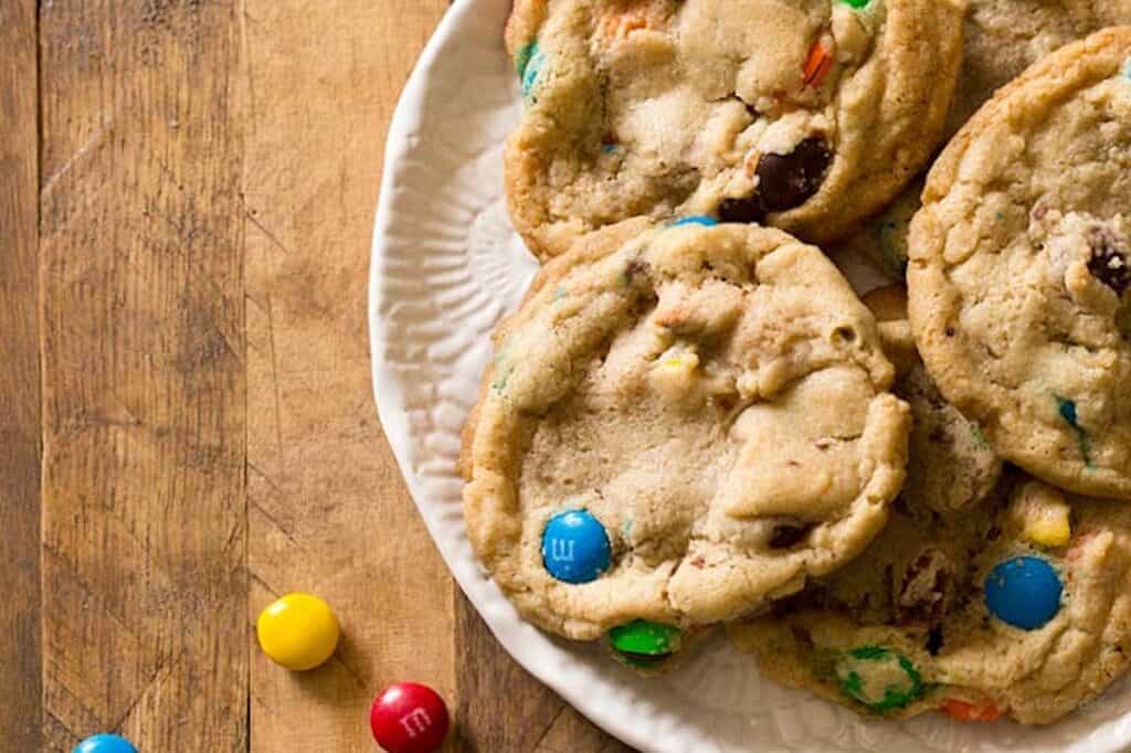 M&M cookies on a plate.