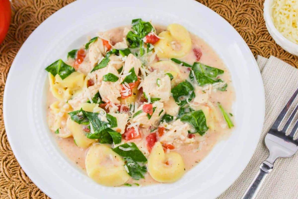 A white plate with creamy tortellini, shredded chicken, spinach, and diced tomatoes. A fork and a small bowl of grated cheese are on the side.