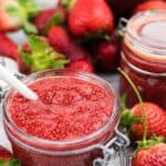 Sugar Free Strawberry Jam in a glass container.