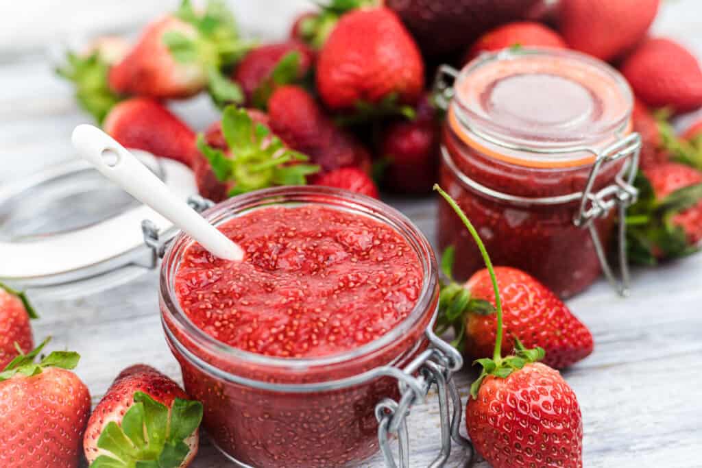 Sugar Free Strawberry Jam in a glass container.